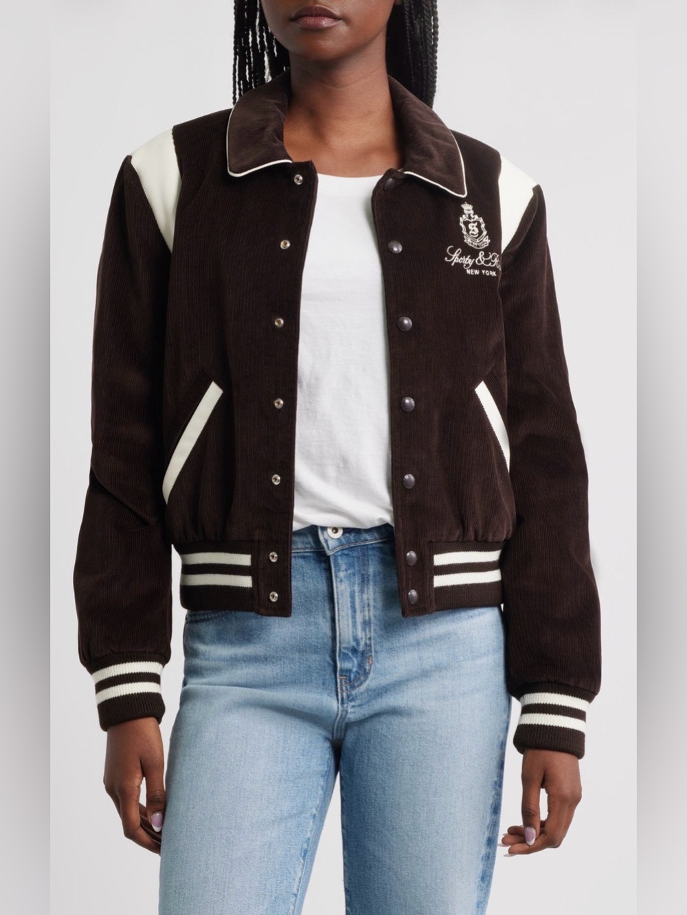 Sporty & Rich Vendome Corduroy Varsity Bomber Jacket Chocolate/White Sz Small